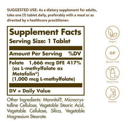 Solgar Folat 1000 mcg, 120 Tabletten - Bio-aktives Metafolin - Vegan, Glutenfrei, Laktosefrei, Koscher - 120 Portionen