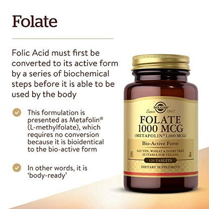Solgar Folat 1000 mcg, 120 Tabletten - Bio-aktives Metafolin - Vegan, Glutenfrei, Laktosefrei, Koscher - 120 Portionen