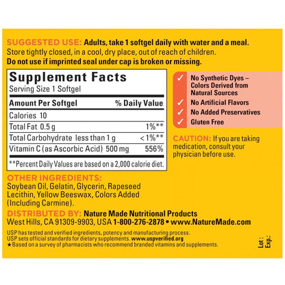 Nature Made Vitamin C 500 mg – Immununterstützung, 60 Weichkapseln, 60 Tage Vorrat