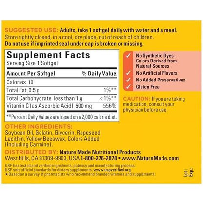 Nature Made Vitamin C 500 mg – Immununterstützung, 60 Weichkapseln, 60 Tage Vorrat