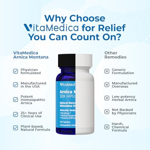 VitaMedica Arnica Montana 30X Schnell lösliche Arnika Tabletten für natürliche Unterstützung bei Schmerzen, Blutergüssen und Schwellungen - Homöopathisches Mittel für Verletzungen und Erholung nach Operationen - 150 Stück - 50 Portionen
