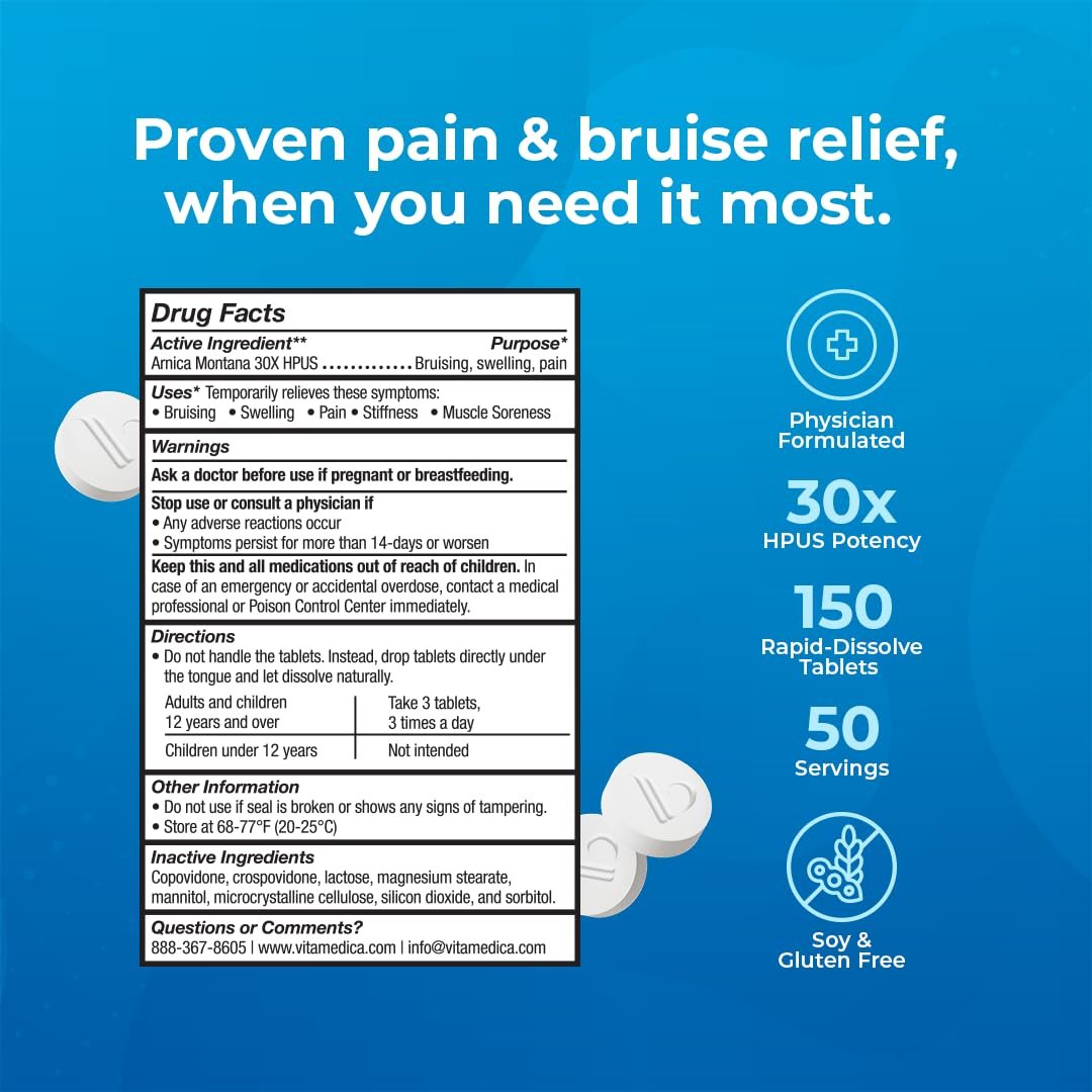 VitaMedica Arnica Montana 30X Schnell lösliche Arnika Tabletten für natürliche Unterstützung bei Schmerzen, Blutergüssen und Schwellungen - Homöopathisches Mittel für Verletzungen und Erholung nach Operationen - 150 Stück - 50 Portionen