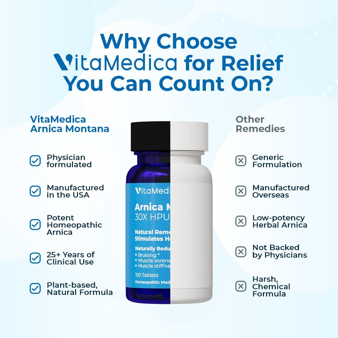 VitaMedica Arnica Montana 30X Schnell lösliche Arnika Tabletten für natürliche Unterstützung bei Schmerzen, Blutergüssen und Schwellungen - Homöopathisches Mittel für Verletzungen und Erholung nach Operationen - 150 Stück - 50 Portionen