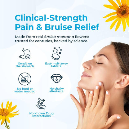 VitaMedica Arnica Montana 30X Schnell lösliche Arnika Tabletten für natürliche Unterstützung bei Schmerzen, Blutergüssen und Schwellungen - Homöopathisches Mittel für Verletzungen und Erholung nach Operationen - 150 Stück - 50 Portionen