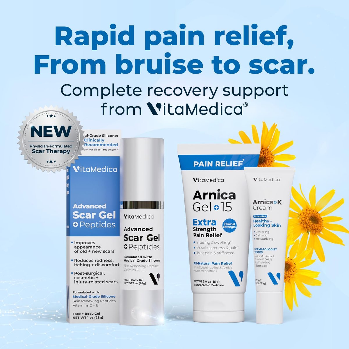 VitaMedica Arnica Montana 30X Schnell lösliche Arnika Tabletten für natürliche Unterstützung bei Schmerzen, Blutergüssen und Schwellungen - Homöopathisches Mittel für Verletzungen und Erholung nach Operationen - 150 Stück - 50 Portionen