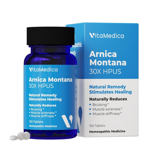 VitaMedica Arnica Montana 30X Schnell lösliche Arnika Tabletten für natürliche Unterstützung bei Schmerzen, Blutergüssen und Schwellungen - Homöopathisches Mittel für Verletzungen und Erholung nach Operationen - 150 Stück - 50 Portionen