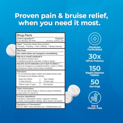 VitaMedica Arnica Montana 30X Schnell lösliche Arnika Tabletten für natürliche Unterstützung bei Schmerzen, Blutergüssen und Schwellungen - Homöopathisches Mittel für Verletzungen und Erholung nach Operationen - 150 Stück - 50 Portionen