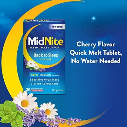 MidNite Back to Sleep 1,5 mg Melatonin Schlafhilfe – 30 Schmelztabletten, Nicht gewohnheitsbildend, Pflanzliches Nahrungsergänzungsmittel für Erwachsene