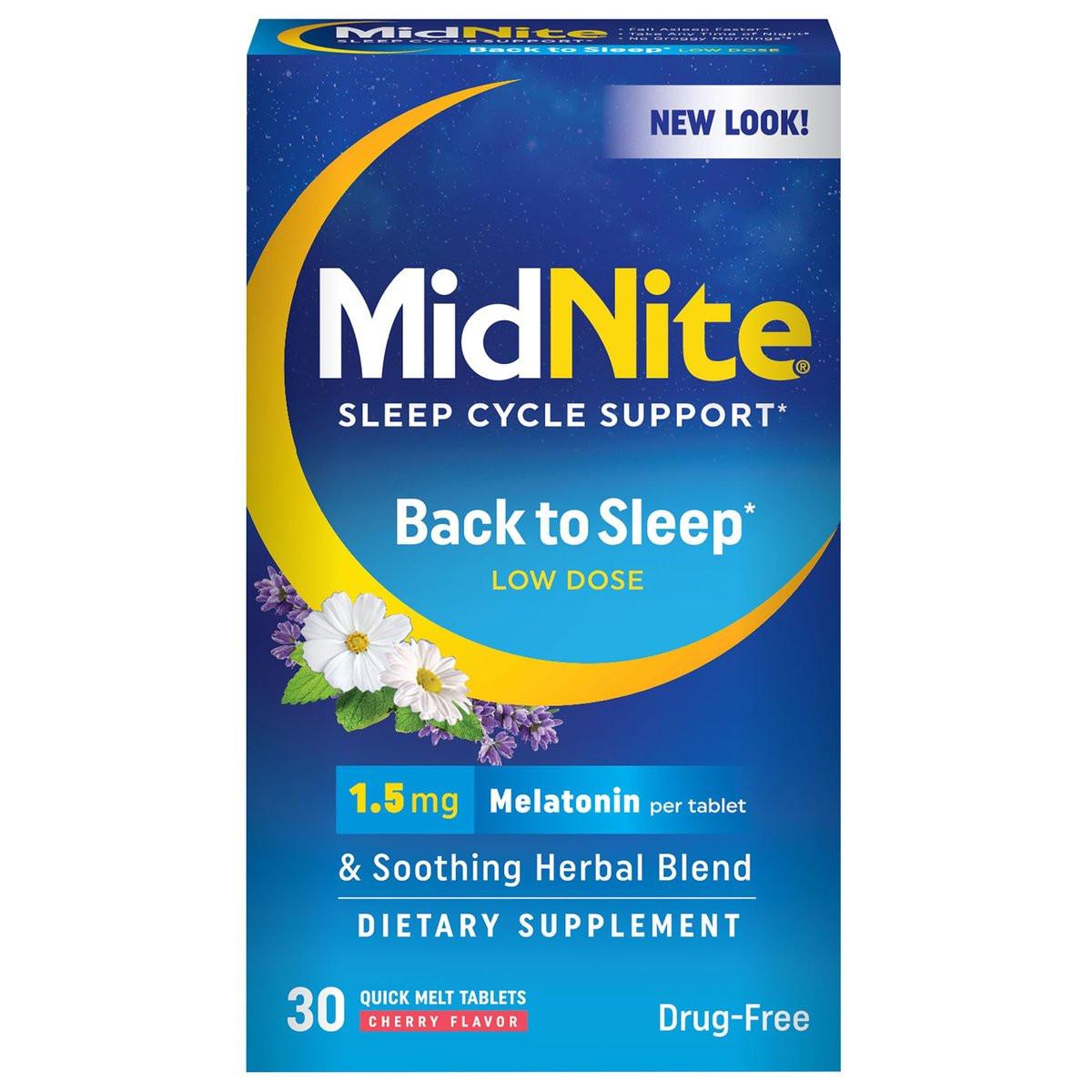 MidNite Back to Sleep 1,5 mg Melatonin Schlafhilfe – 30 Schmelztabletten, Nicht gewohnheitsbildend, Pflanzliches Nahrungsergänzungsmittel für Erwachsene