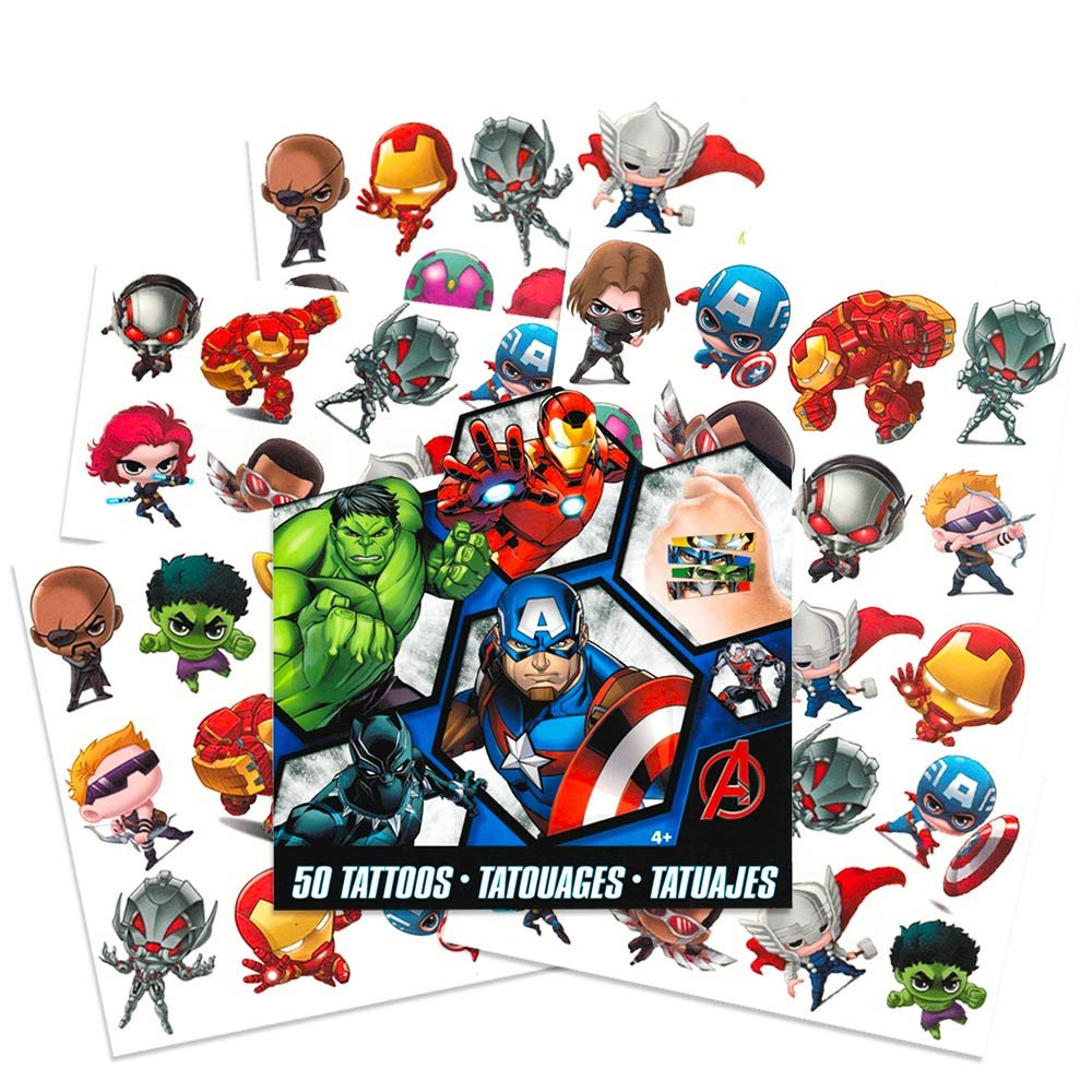 Marvel Avengers Temporäre Tattoos - 50 Superhelden-Tattoos mit Iron Man, Thor, Hulk, Captain America und mehr (Avengers Partyzubehör und Mitgebsel)