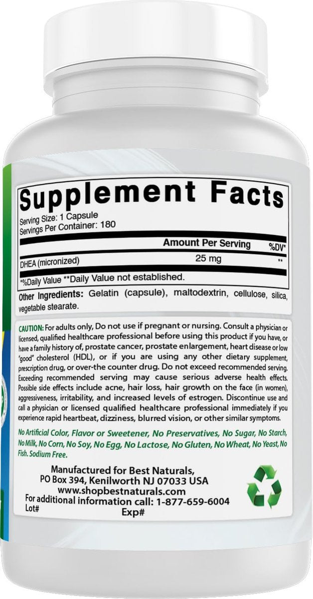 Best Naturals, mikronisiertes DHEA 25 mg, 180 Kapseln