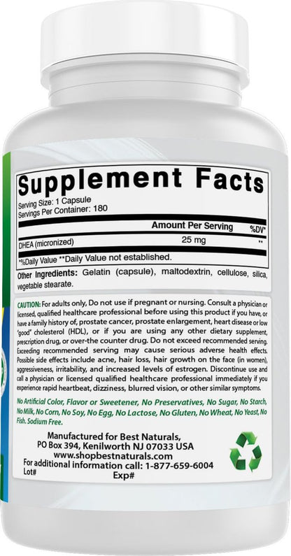 Best Naturals, mikronisiertes DHEA 25 mg, 180 Kapseln
