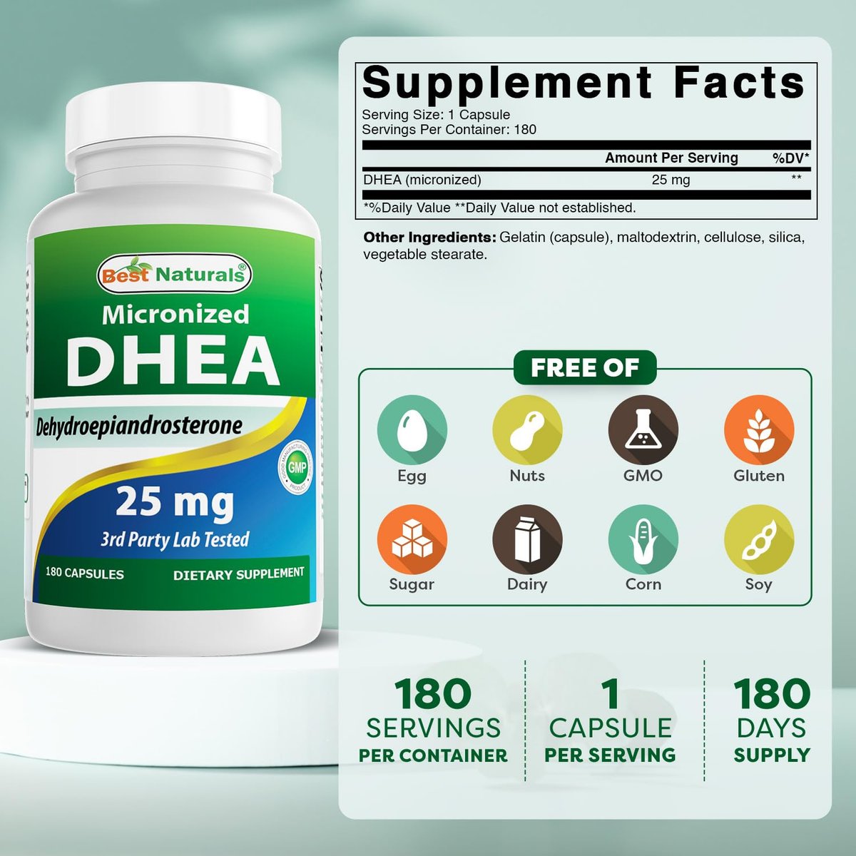 Best Naturals, mikronisiertes DHEA 25 mg, 180 Kapseln