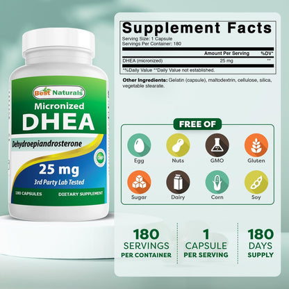 Best Naturals, mikronisiertes DHEA 25 mg, 180 Kapseln