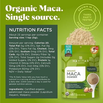Navitas Organics Maca-Pulver – 100% Gelatinisierte Peruanische Maca für Adaptogen-Smoothies, Lattes, Backen & mehr – Energie & Balance – USDA Bio, Nicht-GVO, Vegan, Glutenfrei (115g Beutel, 23 Portionen)