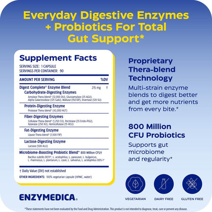 Enzymedica Digest Complete + Probiotika – Verdauungsenzyme für Frauen & Männer, Kapseln für Verdauung, Darmgesundheit, gegen Blähungen & Völlegefühl, Vegetarisch – 30 Kapseln