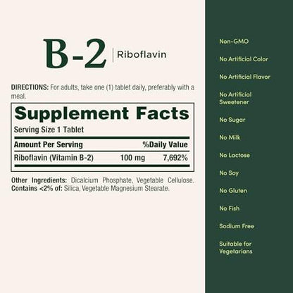 Nature's Bounty Vitamin B-2 100 mg – Riboflavin für den Energiestoffwechsel, 100 Tabletten