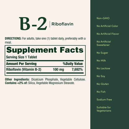 Nature's Bounty Vitamin B-2 100 mg – Riboflavin für den Energiestoffwechsel, 100 Tabletten