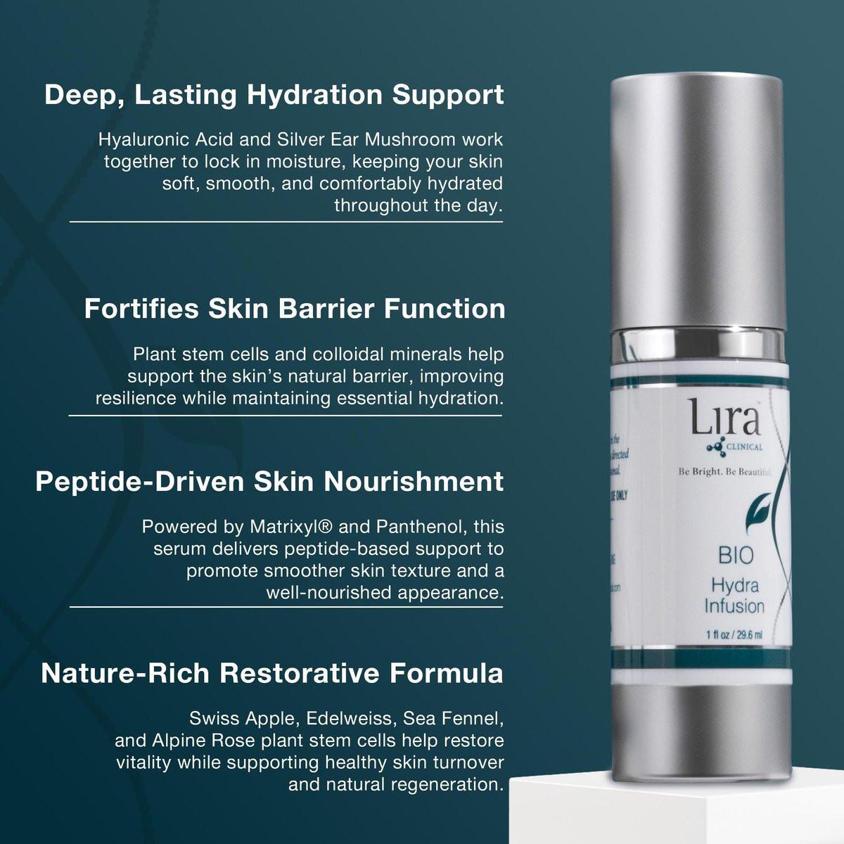 Lira Clinical BIO Hydra Infusion – Feuchtigkeitsspendendes Gesichtsserum mit Hyaluronsäure, Pflanzenstammzellen und Mineralien – Leichtes Gesichtsserum für glatte, erfrischte Haut – Reisegröße tägliche Hautpflege – 30 ml