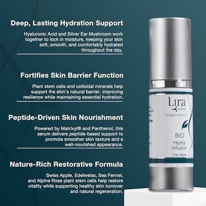 Lira Clinical BIO Hydra Infusion – Feuchtigkeitsspendendes Gesichtsserum mit Hyaluronsäure, Pflanzenstammzellen und Mineralien – Leichtes Gesichtsserum für glatte, erfrischte Haut – Reisegröße tägliche Hautpflege – 30 ml