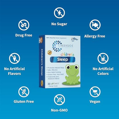 Creekside Naturals Kinderschlaf mit Melatonin und Kamille, Zuckerfrei, Vegan, Pädiatrisch formuliert, Orangen-Dream-Geschmack, 30 EZ Melt Tabletten
