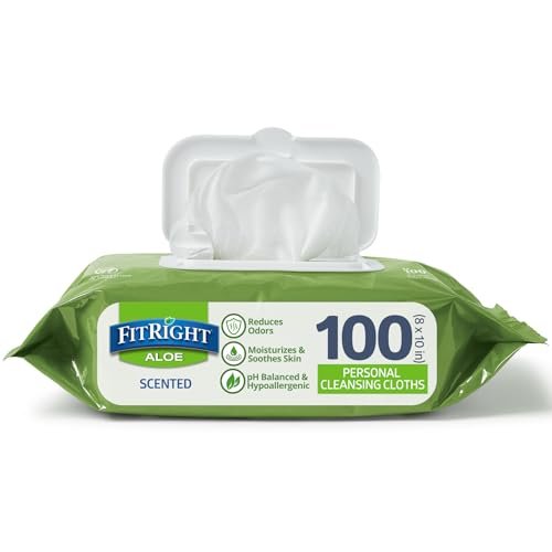 Medline FitRight Aloe Personal Wipes, 8 x 10 Zoll, beduftet, weiche Packung mit Klappdeckel, 100 Stück