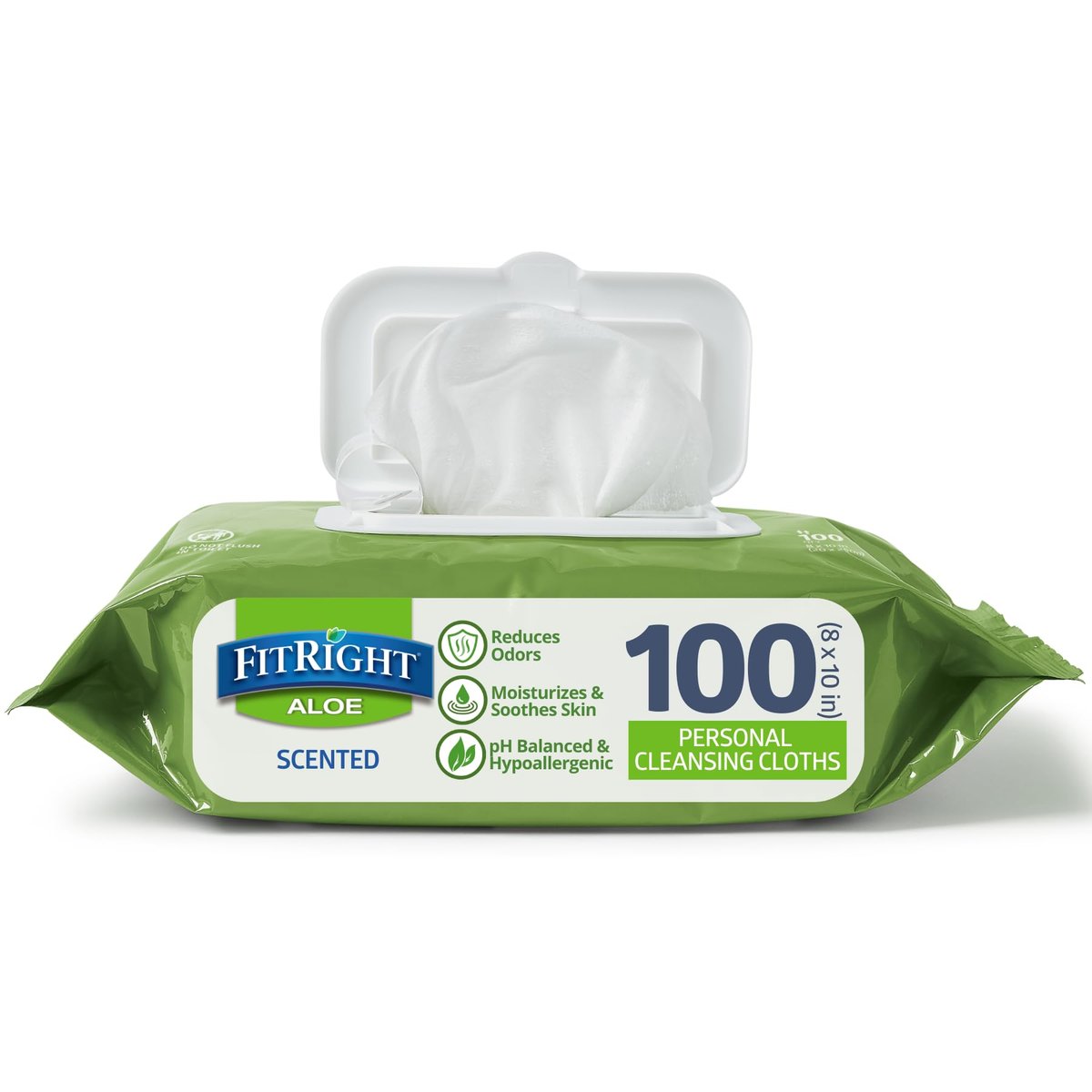 Medline FitRight Aloe Personal Wipes, 8 x 10 Zoll, beduftet, weiche Packung mit Klappdeckel, 100 Stück
