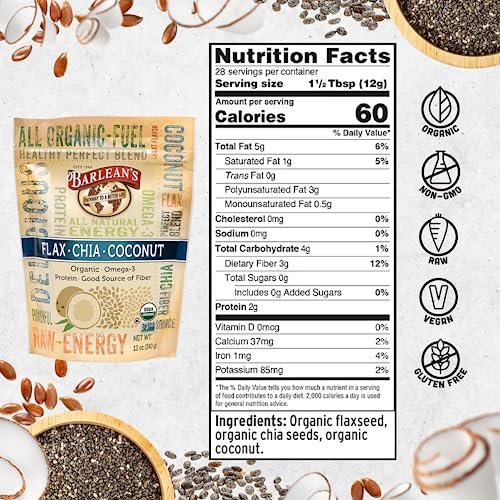 Barlean's Bio Leinsamen-Chia-Kokosnuss-Samenmischung mit 2.330 mg Omega-3-Fettsäuren, Ballaststoffergänzung mit ganzen Chiasamen und gemahlenem Leinsamen, 340 g