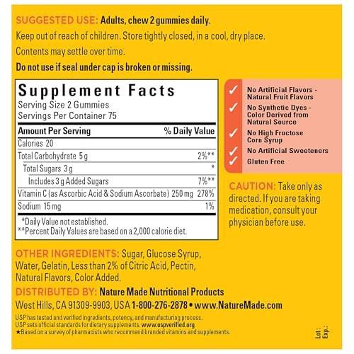 Nature Made Vitamin C 250 mg Gummis für Erwachsene – Immununterstützung – 150 Gummis, 75 Tage Vorrat