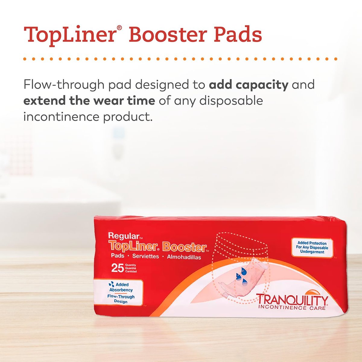 Tranquility TopLiner Einweg-Booster-Pads, Super (38 x 10,8 cm), Flow-Through-Design mit Klebestreifen für maximale Absorption, Erwachsene Unisex, 25 Stück Beutel