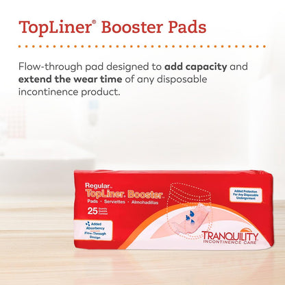 Tranquility TopLiner Einweg-Booster-Pads, Super (38 x 10,8 cm), Flow-Through-Design mit Klebestreifen für maximale Absorption, Erwachsene Unisex, 25 Stück Beutel