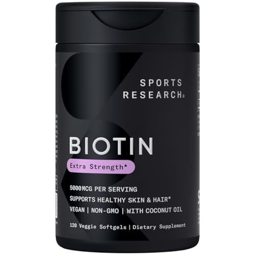 Sports Research® Biotin 5.000 mcg mit Bio-Kokosöl – Vitamin B7 für gesunde Haut und Haare – Vegan, Non-GMO, Gluten- & Sojafrei – 120 vegane Weichkapseln