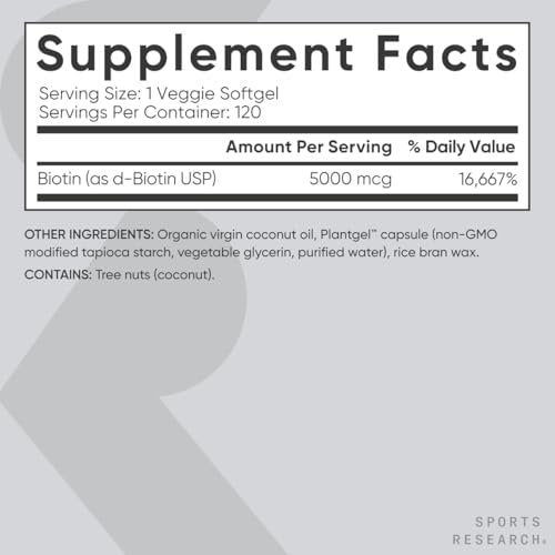 Sports Research® Biotin 5.000 mcg mit Bio-Kokosöl – Vitamin B7 für gesunde Haut und Haare – Vegan, Non-GMO, Gluten- & Sojafrei – 120 vegane Weichkapseln