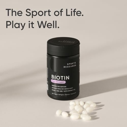 Sports Research® Biotin 5.000 mcg mit Bio-Kokosöl – Vitamin B7 für gesunde Haut und Haare – Vegan, Non-GMO, Gluten- & Sojafrei – 120 vegane Weichkapseln