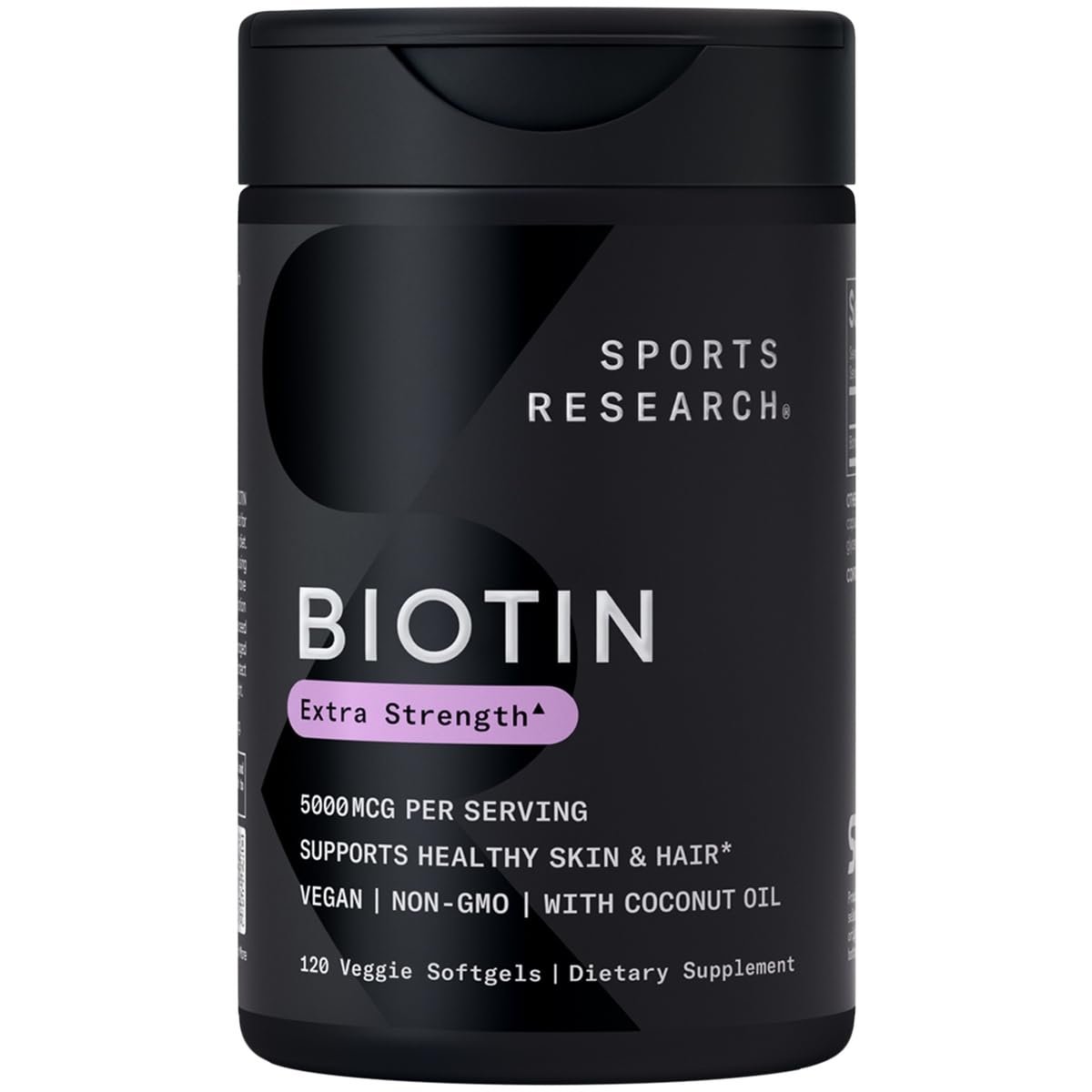 Sports Research® Biotin 5.000 mcg mit Bio-Kokosöl – Vitamin B7 für gesunde Haut und Haare – Vegan, Non-GMO, Gluten- & Sojafrei – 120 vegane Weichkapseln