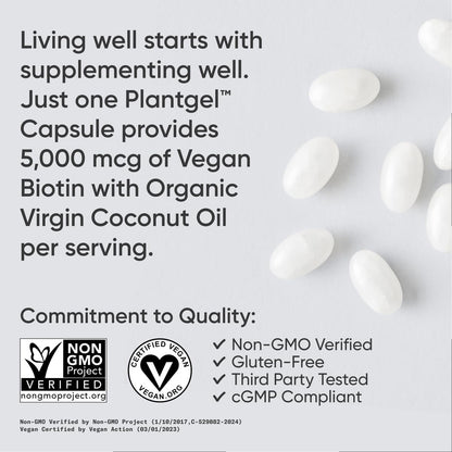 Sports Research® Biotin 5.000 mcg mit Bio-Kokosöl – Vitamin B7 für gesunde Haut und Haare – Vegan, Non-GMO, Gluten- & Sojafrei – 120 vegane Weichkapseln