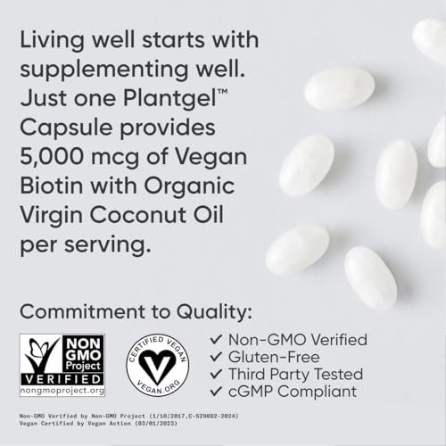 Sports Research® Biotin 5.000 mcg mit Bio-Kokosöl – Vitamin B7 für gesunde Haut und Haare – Vegan, Non-GMO, Gluten- & Sojafrei – 120 vegane Weichkapseln