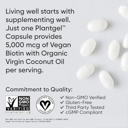 Sports Research® Biotin 5.000 mcg mit Bio-Kokosöl – Vitamin B7 für gesunde Haut und Haare – Vegan, Non-GMO, Gluten- & Sojafrei – 120 vegane Weichkapseln