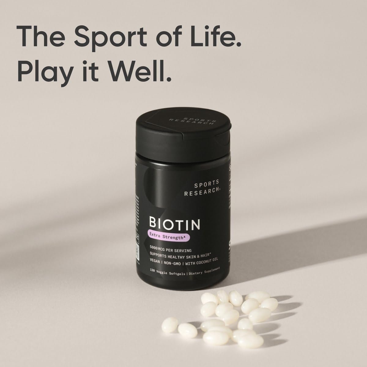 Sports Research® Biotin 5.000 mcg mit Bio-Kokosöl – Vitamin B7 für gesunde Haut und Haare – Vegan, Non-GMO, Gluten- & Sojafrei – 120 vegane Weichkapseln