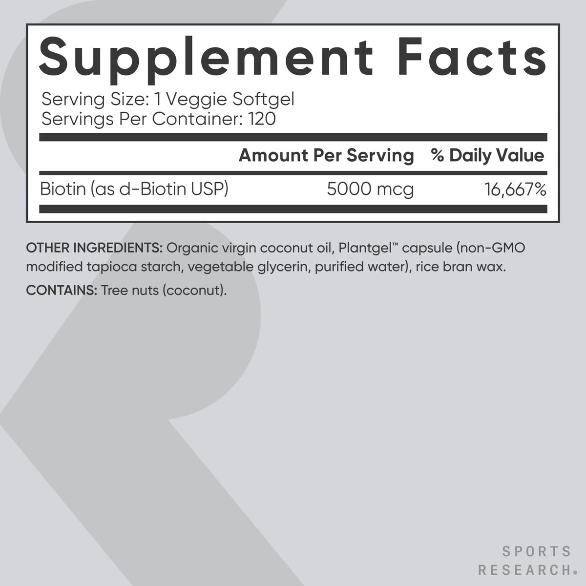 Sports Research® Biotin 5.000 mcg mit Bio-Kokosöl – Vitamin B7 für gesunde Haut und Haare – Vegan, Non-GMO, Gluten- & Sojafrei – 120 vegane Weichkapseln