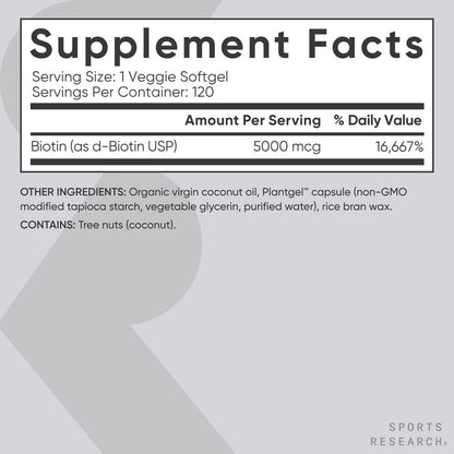 Sports Research® Biotin 5.000 mcg mit Bio-Kokosöl – Vitamin B7 für gesunde Haut und Haare – Vegan, Non-GMO, Gluten- & Sojafrei – 120 vegane Weichkapseln
