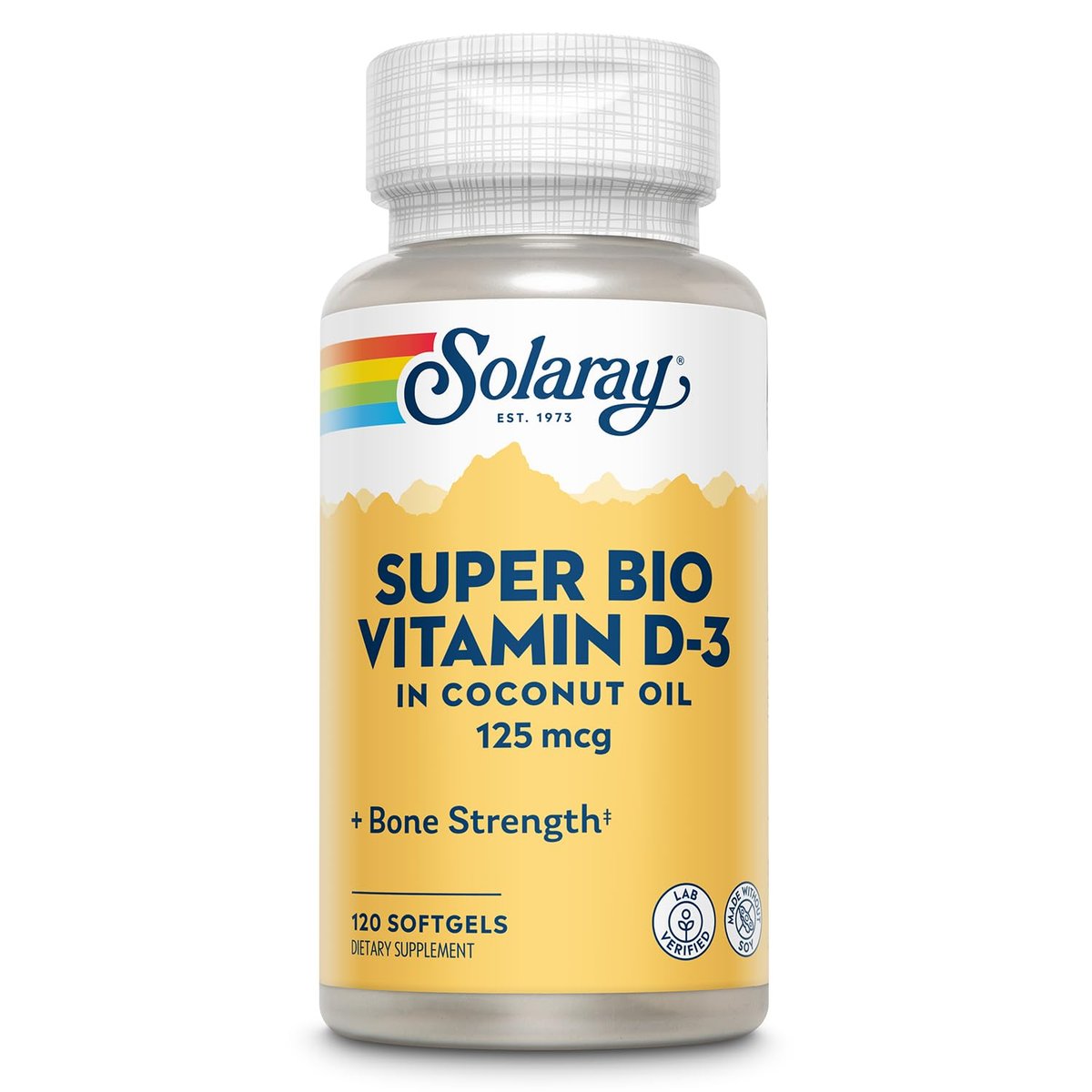 SOLARAY Super Bio Vitamin D3 in Kokosöl – D3 Vitamin 5000 IE – Knochen- und Immununterstützung – Laborgeprüft, ohne Soja – 60-Tage-Garantie – 120 Weichkapseln, 120 Portionen