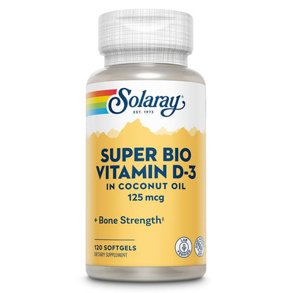 SOLARAY Super Bio Vitamin D3 in Kokosöl – D3 Vitamin 5000 IE – Knochen- und Immununterstützung – Laborgeprüft, ohne Soja – 60-Tage-Garantie – 120 Weichkapseln, 120 Portionen