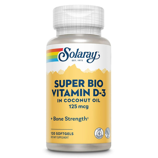 SOLARAY Super Bio Vitamin D3 in Kokosöl – D3 Vitamin 5000 IE – Knochen- und Immununterstützung – Laborgeprüft, ohne Soja – 60-Tage-Garantie – 120 Weichkapseln, 120 Portionen