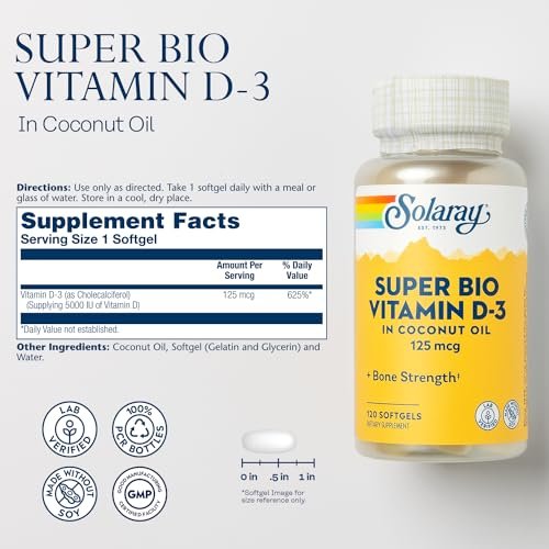 SOLARAY Super Bio Vitamin D3 in Kokosöl – D3 Vitamin 5000 IE – Knochen- und Immununterstützung – Laborgeprüft, ohne Soja – 60-Tage-Garantie – 120 Weichkapseln, 120 Portionen