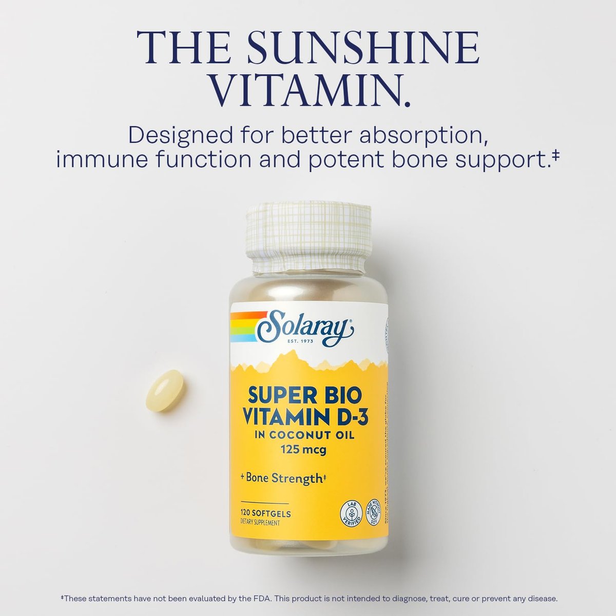 SOLARAY Super Bio Vitamin D3 in Kokosöl – D3 Vitamin 5000 IE – Knochen- und Immununterstützung – Laborgeprüft, ohne Soja – 60-Tage-Garantie – 120 Weichkapseln, 120 Portionen