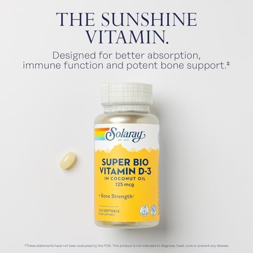 SOLARAY Super Bio Vitamin D3 in Kokosöl – D3 Vitamin 5000 IE – Knochen- und Immununterstützung – Laborgeprüft, ohne Soja – 60-Tage-Garantie – 120 Weichkapseln, 120 Portionen