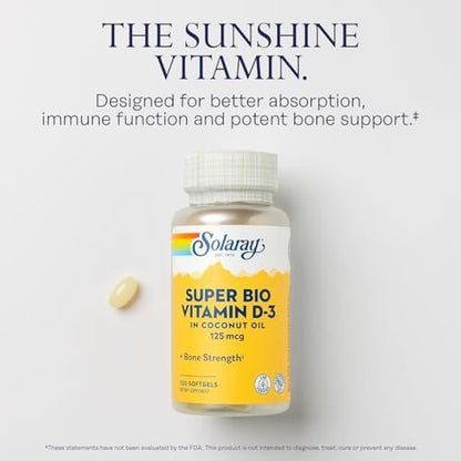 SOLARAY Super Bio Vitamin D3 in Kokosöl – D3 Vitamin 5000 IE – Knochen- und Immununterstützung – Laborgeprüft, ohne Soja – 60-Tage-Garantie – 120 Weichkapseln, 120 Portionen