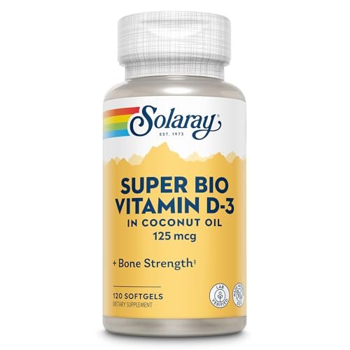 SOLARAY Super Bio Vitamin D3 in Kokosöl – D3 Vitamin 5000 IE – Knochen- und Immununterstützung – Laborgeprüft, ohne Soja – 60-Tage-Garantie – 120 Weichkapseln, 120 Portionen