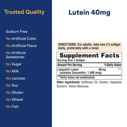 Puritan's Pride Premium Lutigold™ Lutein Carotinoid 40 mg mit Zeaxanthin – Nahrungsergänzungsmittel für die Augengesundheit, 120 Kapseln, 8 Monate Vorrat